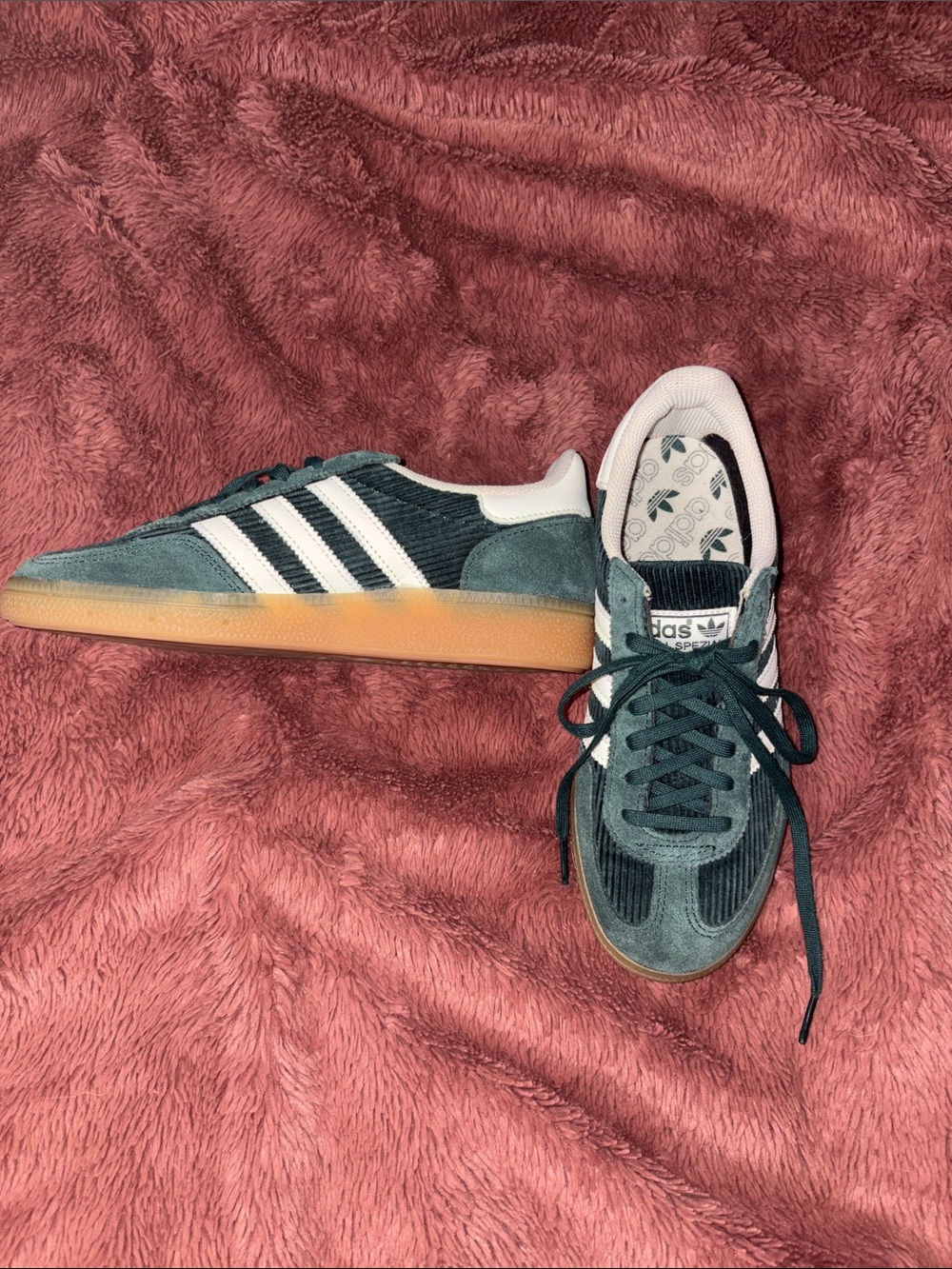 Adidas Spezial Women’s Green Suede & Corduroy Sneakers with White Stripes